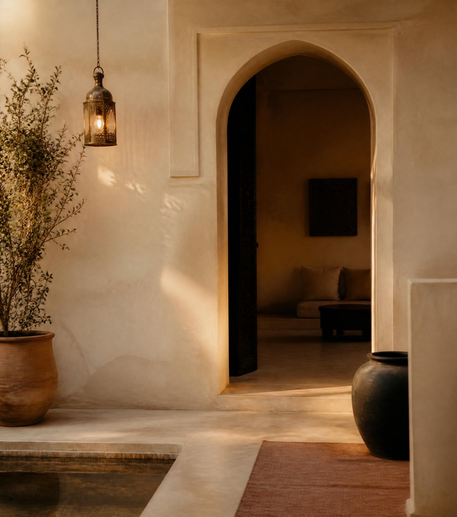 Arcadas de un palacio marroquí con luz natural y zellige